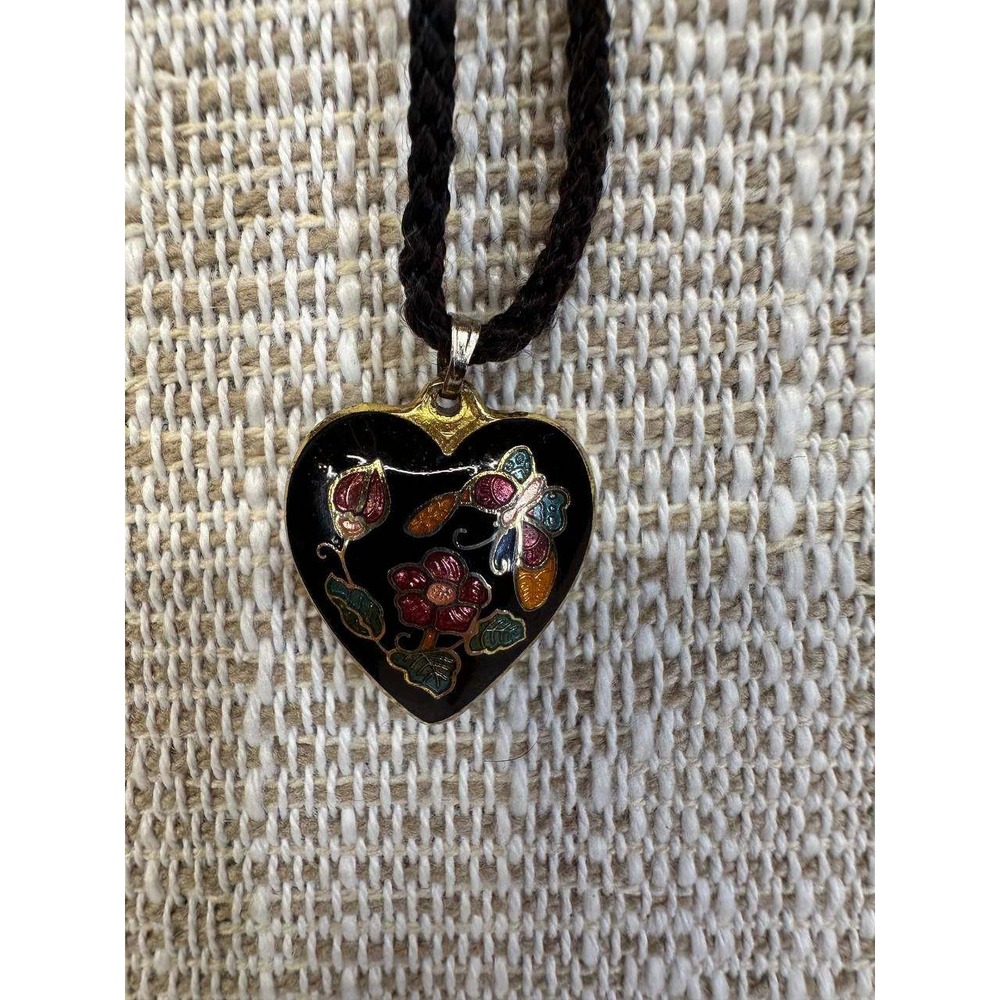 Vintage‎ Cloisonne Heart Pendant Necklace Butterfly Floral Black Cord 051 (79)